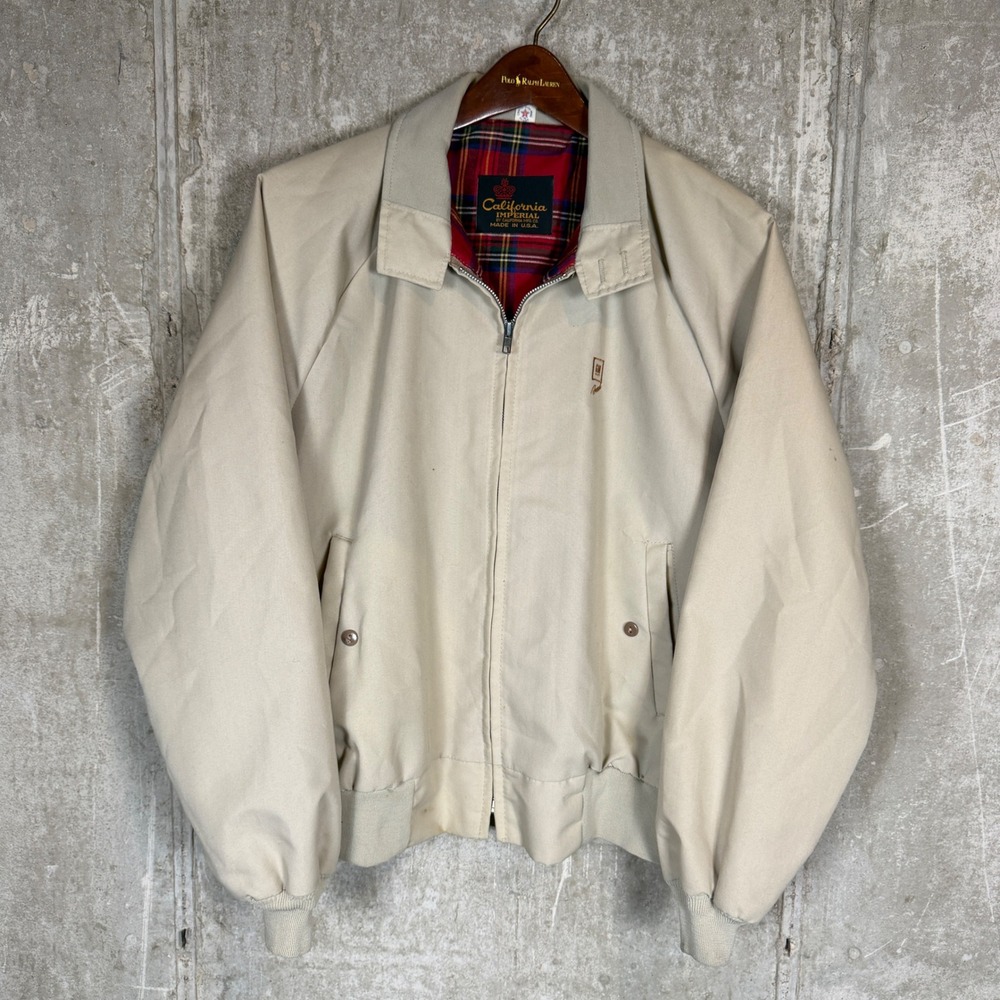 Vintage 80s California Imperial GM Pressed Harrington Jacket Tan Plaid Lined L